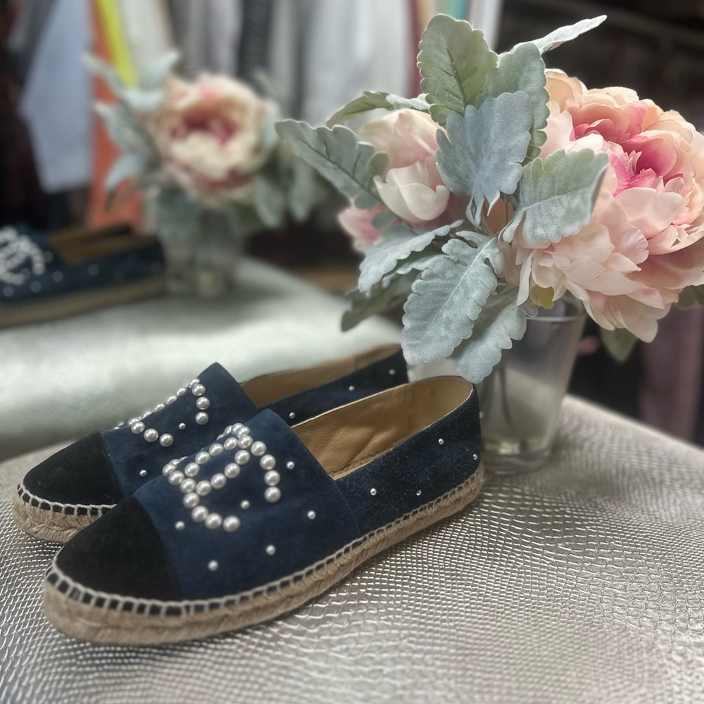 CHANEL Navy Pearl Espadrilles